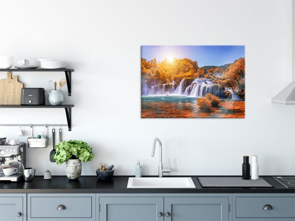Wasserfälle im Herbst bei Sonnenuntergang, Glasbild Im Angebot – Bild 3