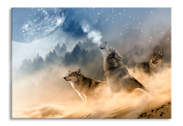 Wölfe in der Wüste heulen Vollmond an, Glasbild Angebot