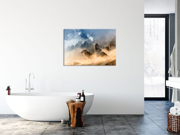 Wölfe in der Wüste heulen Vollmond an, Glasbild Angebot – Bild 4