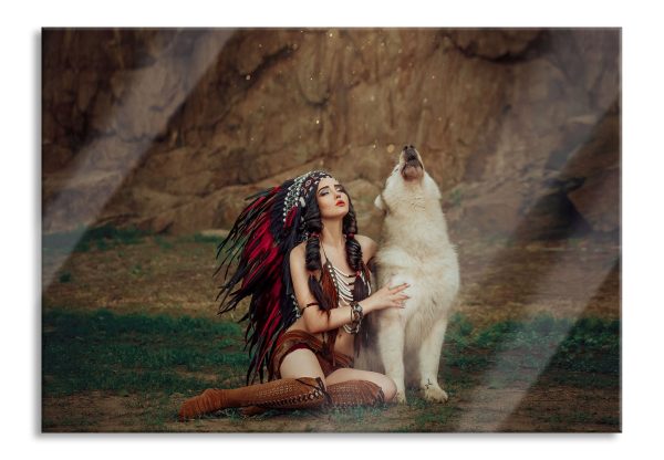 Indianische Frau und heulender Wolfshund, Glasbild Online-Schn?ppchen